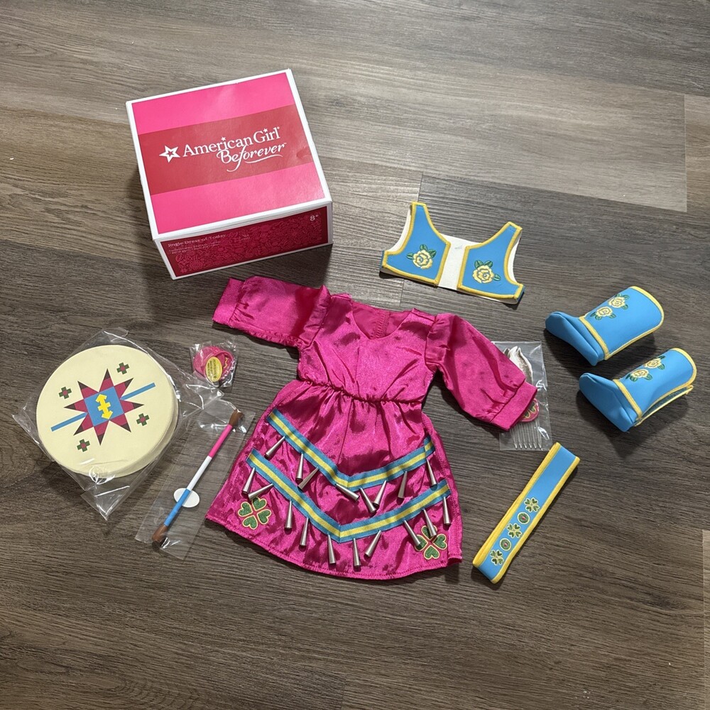 18" American Girl Doll 2014 Kaya Pink Jingle Dance Dress of Today w/ Drum, Boots
